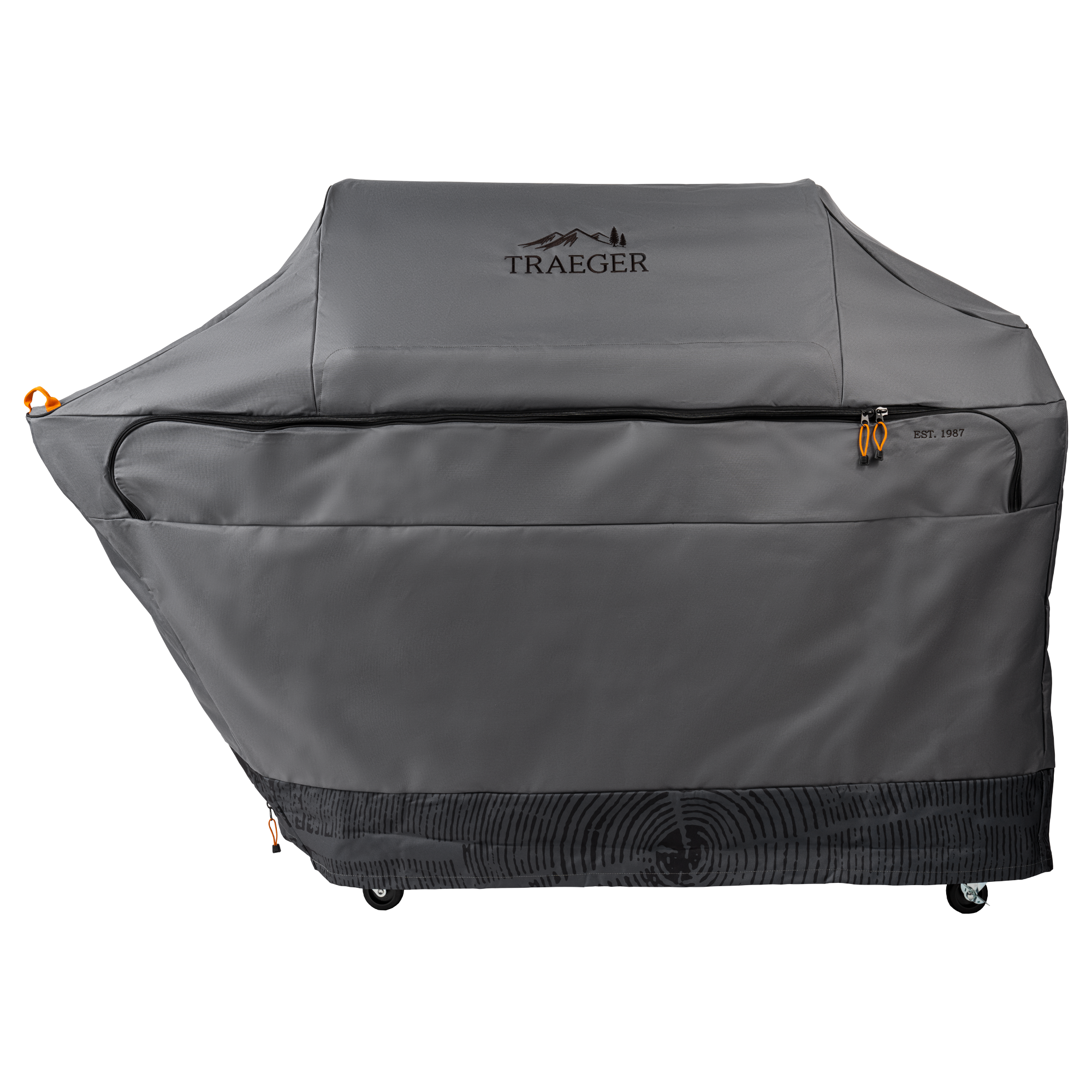 Traeger Full Length Grill Cover for Timberline XL er et grått, værbestandig trekk designet av Traeger for å passe til Timberline XL-grillen din, vist på hvit bakgrunn.