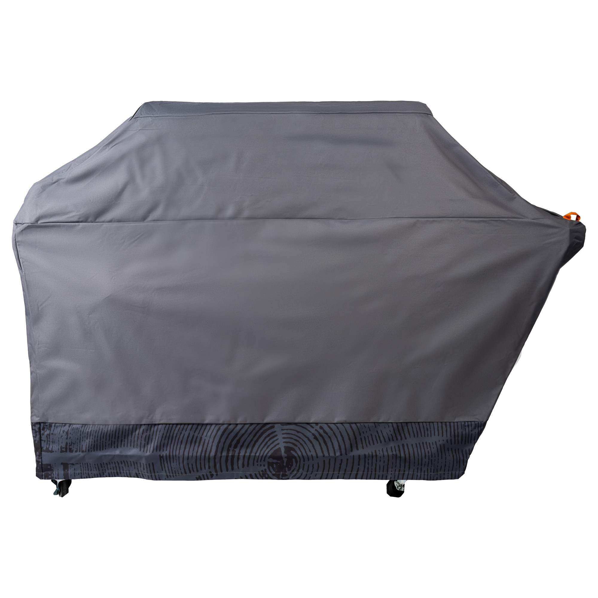 Et Traeger Full Length Grill Cover for Timberline XL i grått fra Traeger skjuler en rektangulær utegrill mot en enkel hvit bakgrunn.