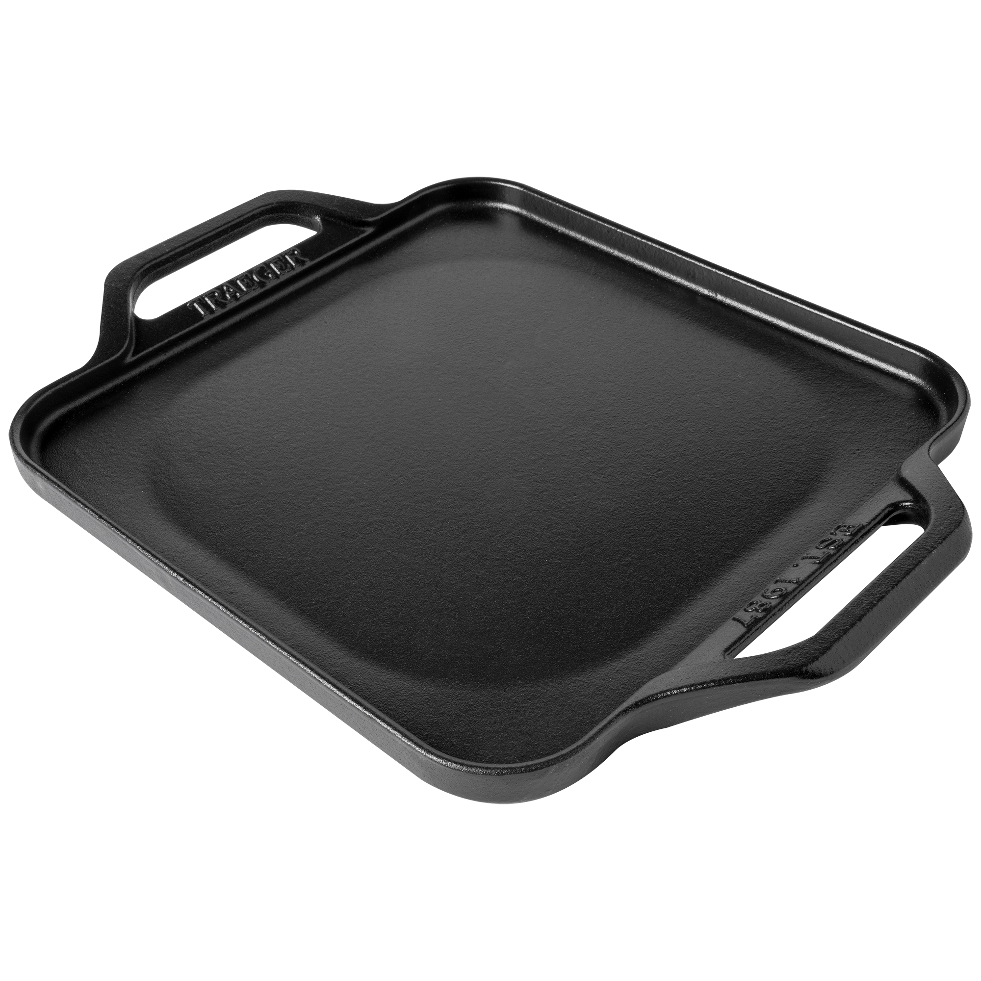 Traeger Induction Cast Iron Skillet er en firkantet stekepanne med to håndtak, vist på en hvit bakgrunn - ideell for utekjøkkenet eller som en allsidig stekepanne fra Traeger.