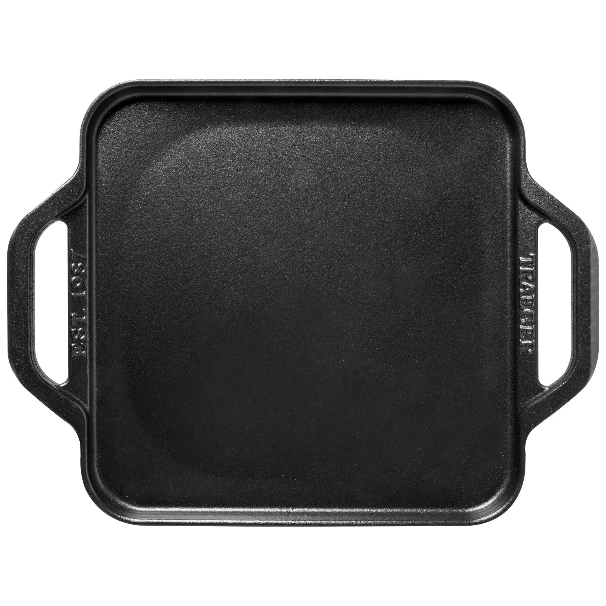 Traeger Induction Cast Iron Skillet, en firkantet, svart stekepanne med to håndtak, er ideell til induksjonstekepannen eller utendørskjøkkenet - her vist ovenfra mot en hvit bakgrunn.