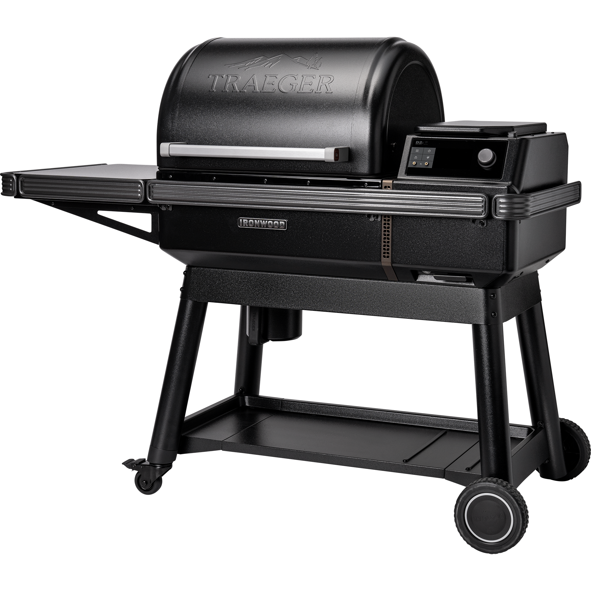Traeger Ironwood L pelletsgrill fra Traeger, med svart finish, sidehylle, digitalt kontrollpanel og to hjul på høyre side, leverer vedfyrt smak med avansert Smart Combustion-teknologi.