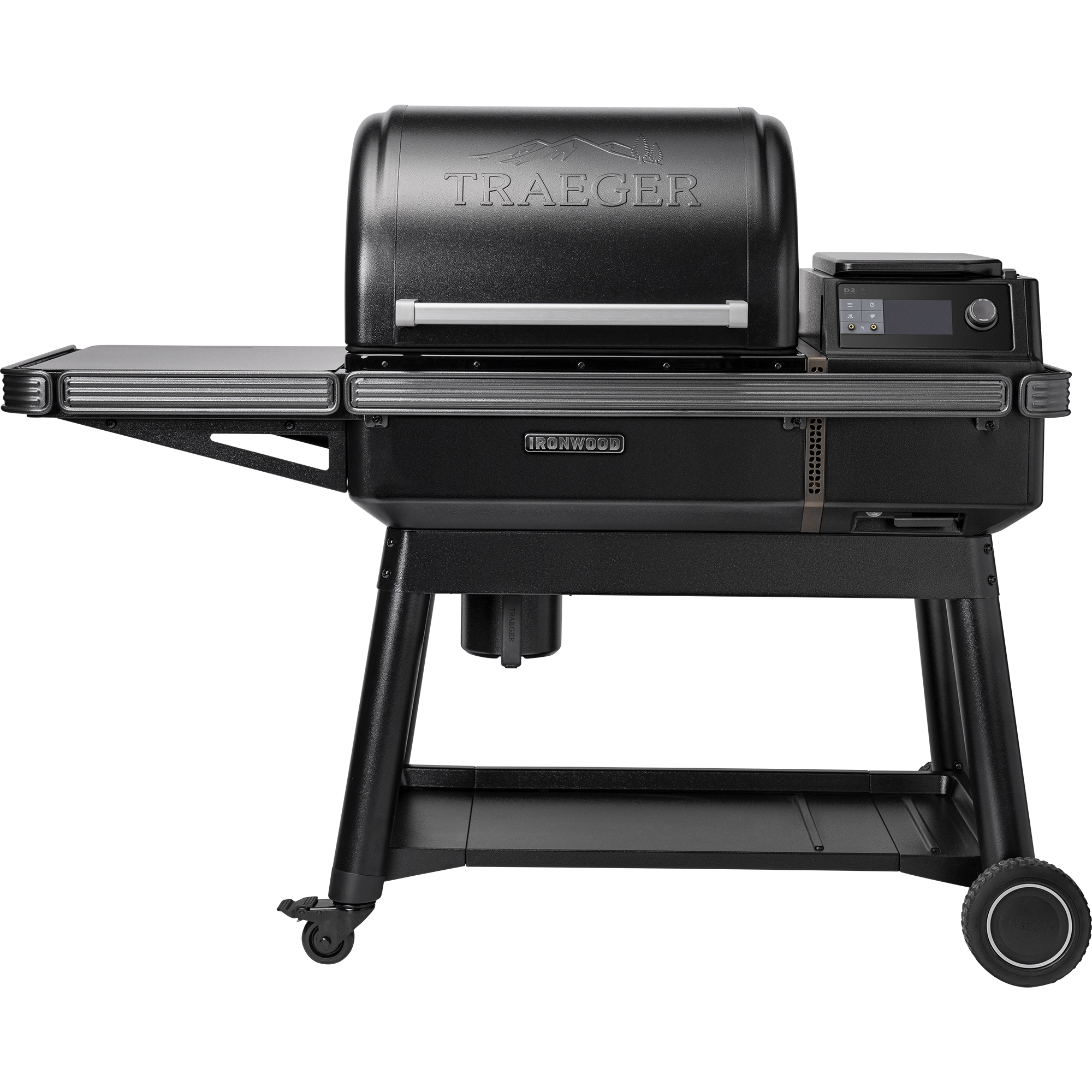 Traeger Ironwood L pelletsgrill fra Traeger, i svart, har Smart Combustion-teknologi, et digitalt kontrollpanel, sidehylle og hjul. Vist på en vanlig hvit bakgrunn. Nyt autentisk vedfyrt smak ved hver eneste grillfest.