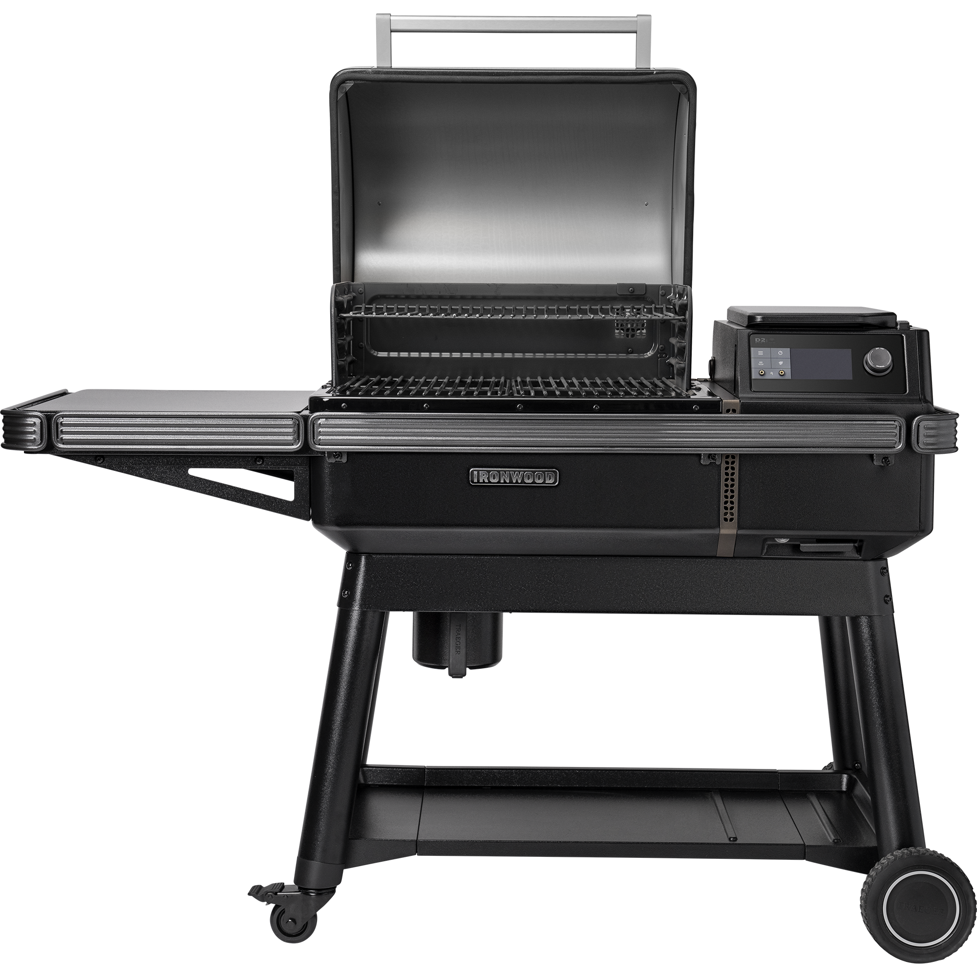 Traeger Ironwood L pelletsgrill fra Traeger er utstyrt med åpent lokk, sidehylle, digitalt kontrollpanel og oppbevaringshylle i bunnen - perfekt for den autentiske vedfyrt smak.