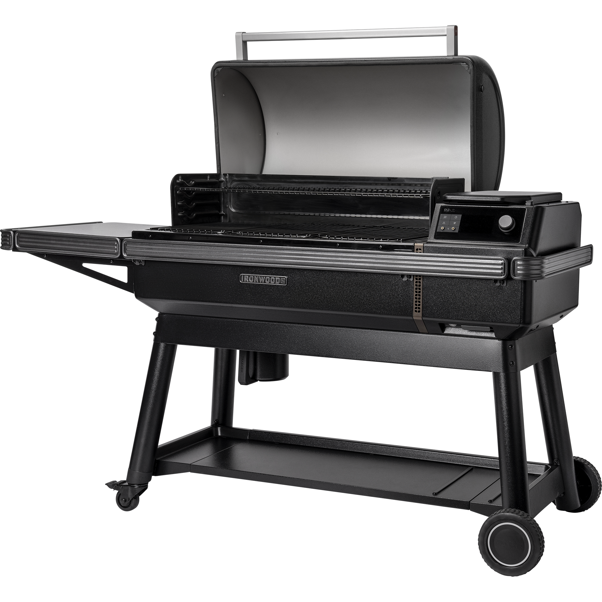 Traeger Ironwood XL pelletsgrill er en stor, svart grill med åpent lokk, sidehylle, hjul og kontrollpanel på høyre side - perfekt for ekte vedfyrt smak.