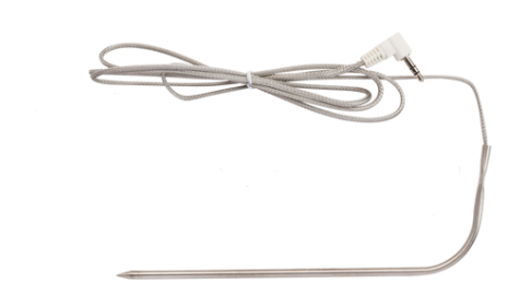 Traeger Meat Probe 1 White fra Traeger har en metallprobe med lang kabel og rettvinklet kontakt, perfekt for presise temperaturmålinger.