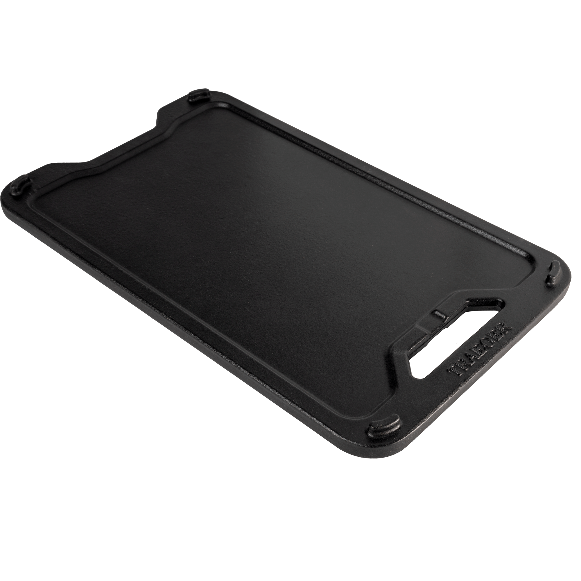 Traeger ModiFIRE Rev. Cast Iron Griddle, en rektangulær, svart grillplate med håndtaksutskjæring og opphøyde kanter, ligger flatt på en hvit bakgrunn - et uunnværlig grilltilbehør fra Traeger.
