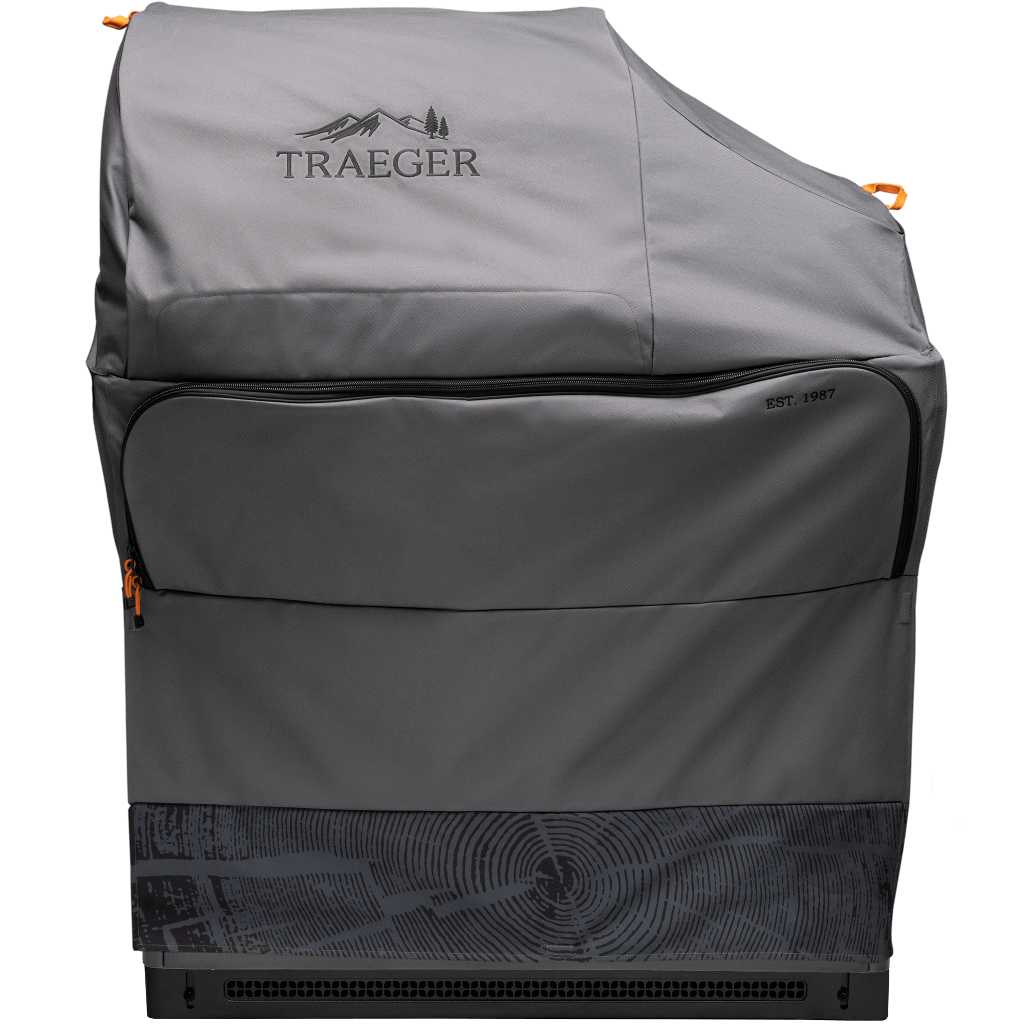 Traeger Outdoor Kitchen Grill Cover for Timberline L (Grilltrekk) fra Traeger har en grå farge, logo med tre- og fjellmotiv, glidelåsseksjoner og gir tettsittende beskyttelse for den rektangulære grillen din i all slags vær.