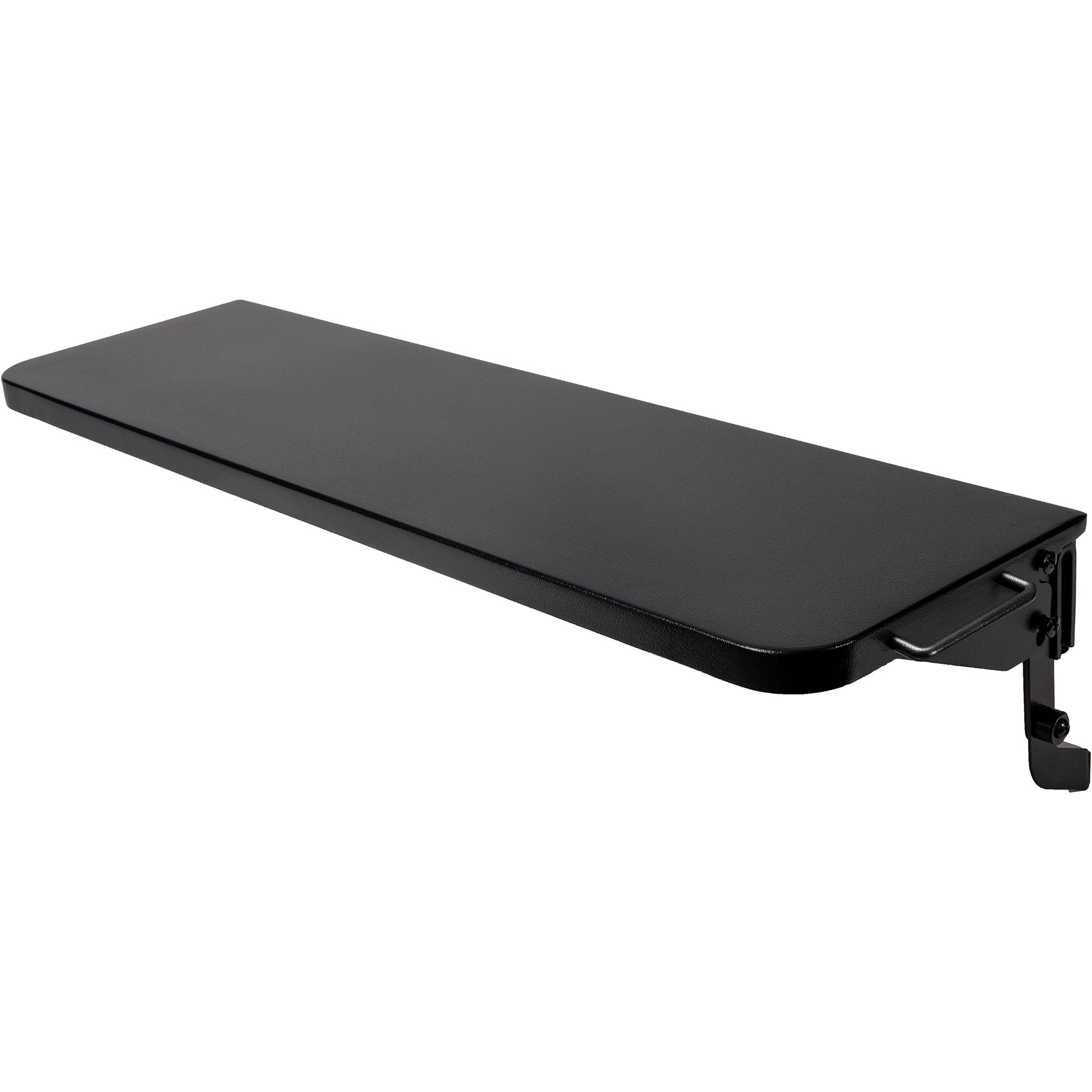 Traeger P.A.L. Front Shelf XL er en svart, rektangulær, veggmontert hylle med en støttebrakett i metall - ideell som grilltilbehør for ekstra bekvemmelighet.