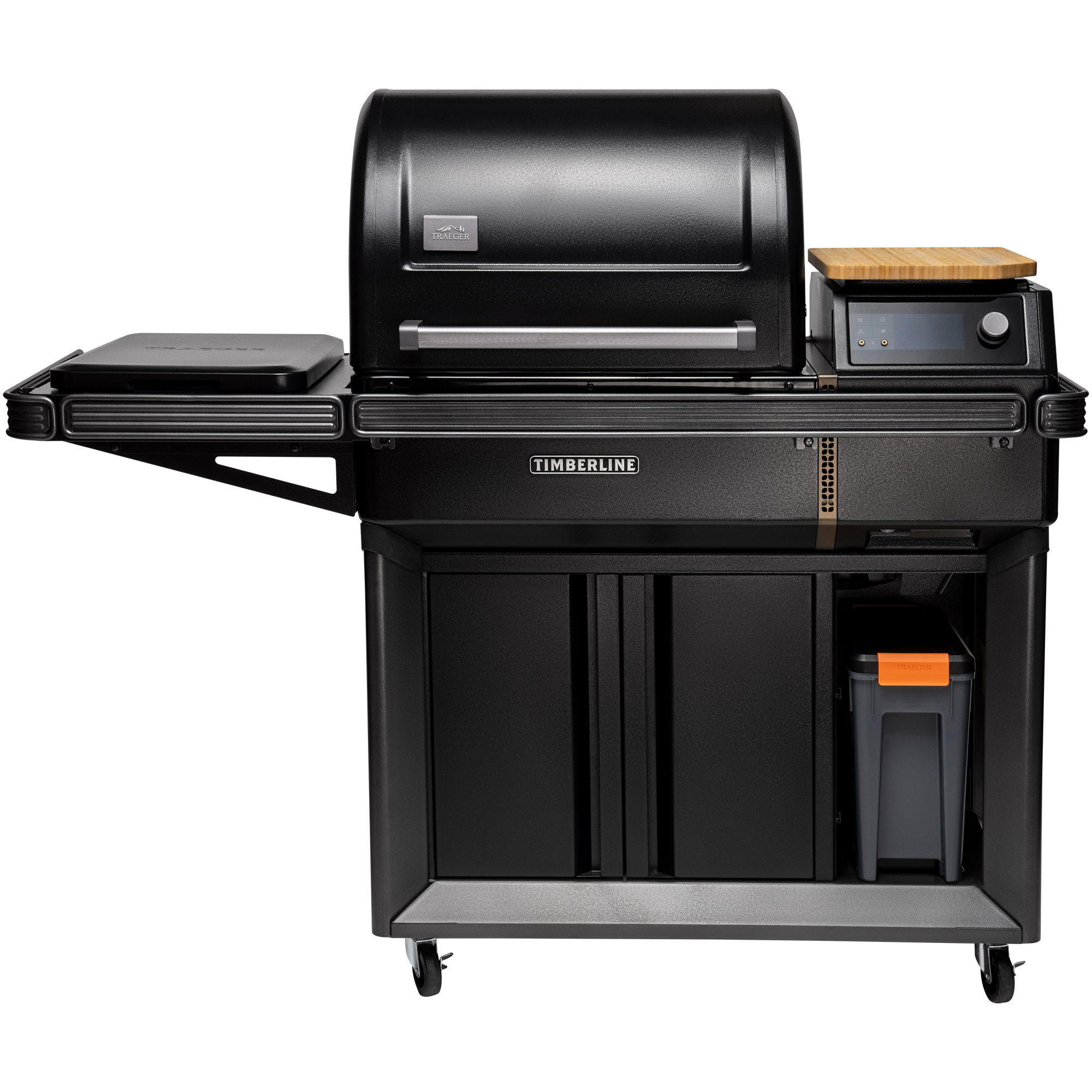 Traeger Timberline L pelletsgrill fra Traeger i svart for utendørs matlaging, med lokk, sidehyller, kontrollpanel, oppbevaringsskap og hjul for enkel flytting.