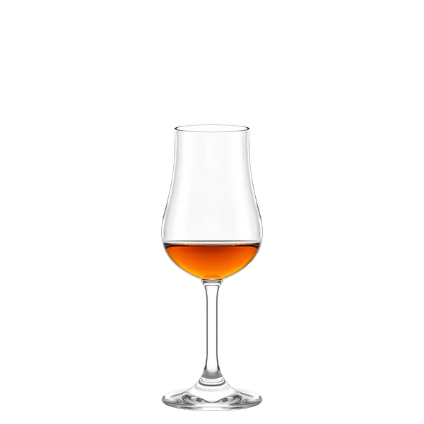 Stölzle Lausits Tulipanglass Classic 185 ml med stilk rommer en liten mengde ravfarget væske mot en enkel, hvit bakgrunn.