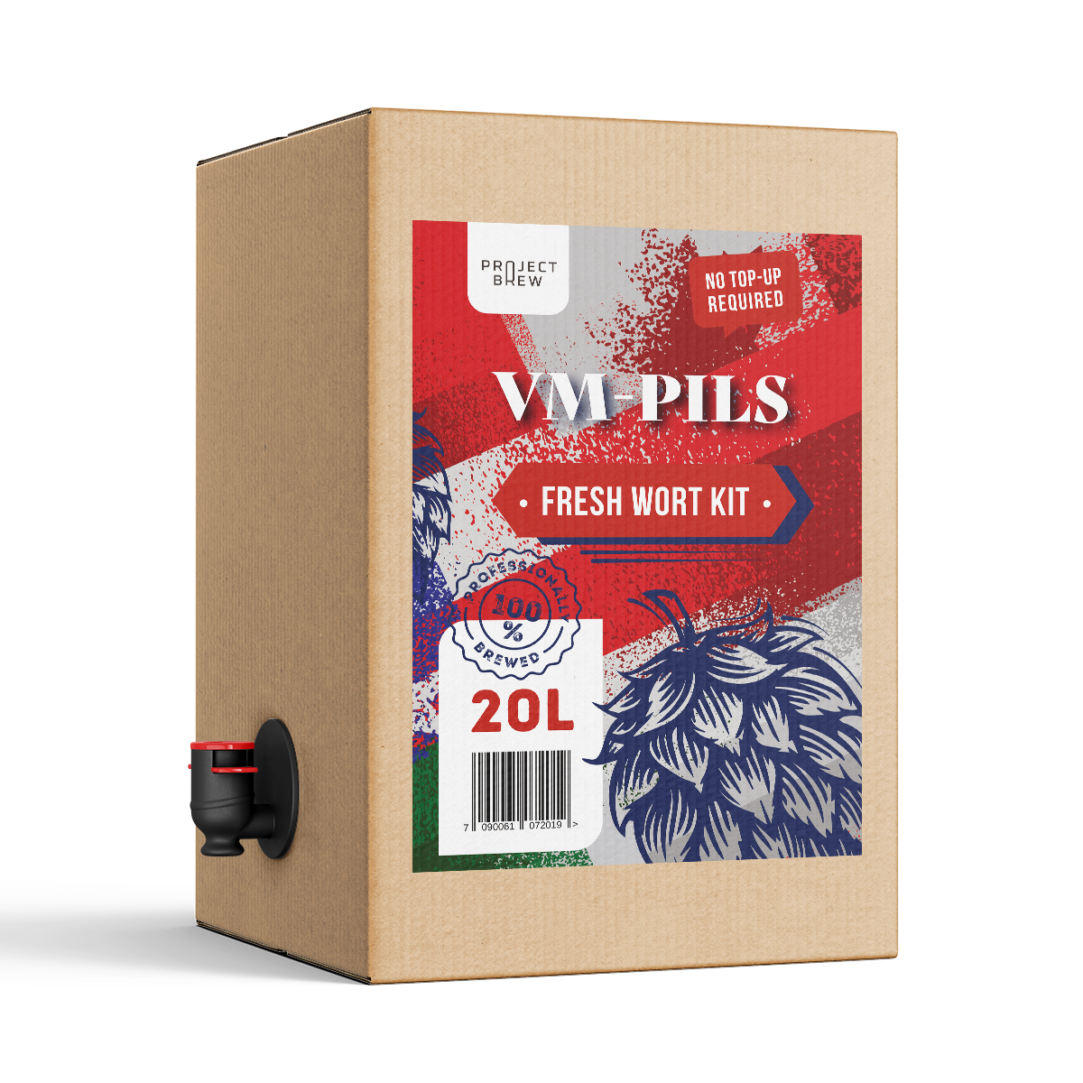 En 20 liters pappeske merket Simply VM - Komplett startsett med VM-Pils 20L Fresh Wort Kit, ideelt for hjemmebrygging av øl, har en tappehane nederst til venstre og humleillustrasjoner på forsiden.