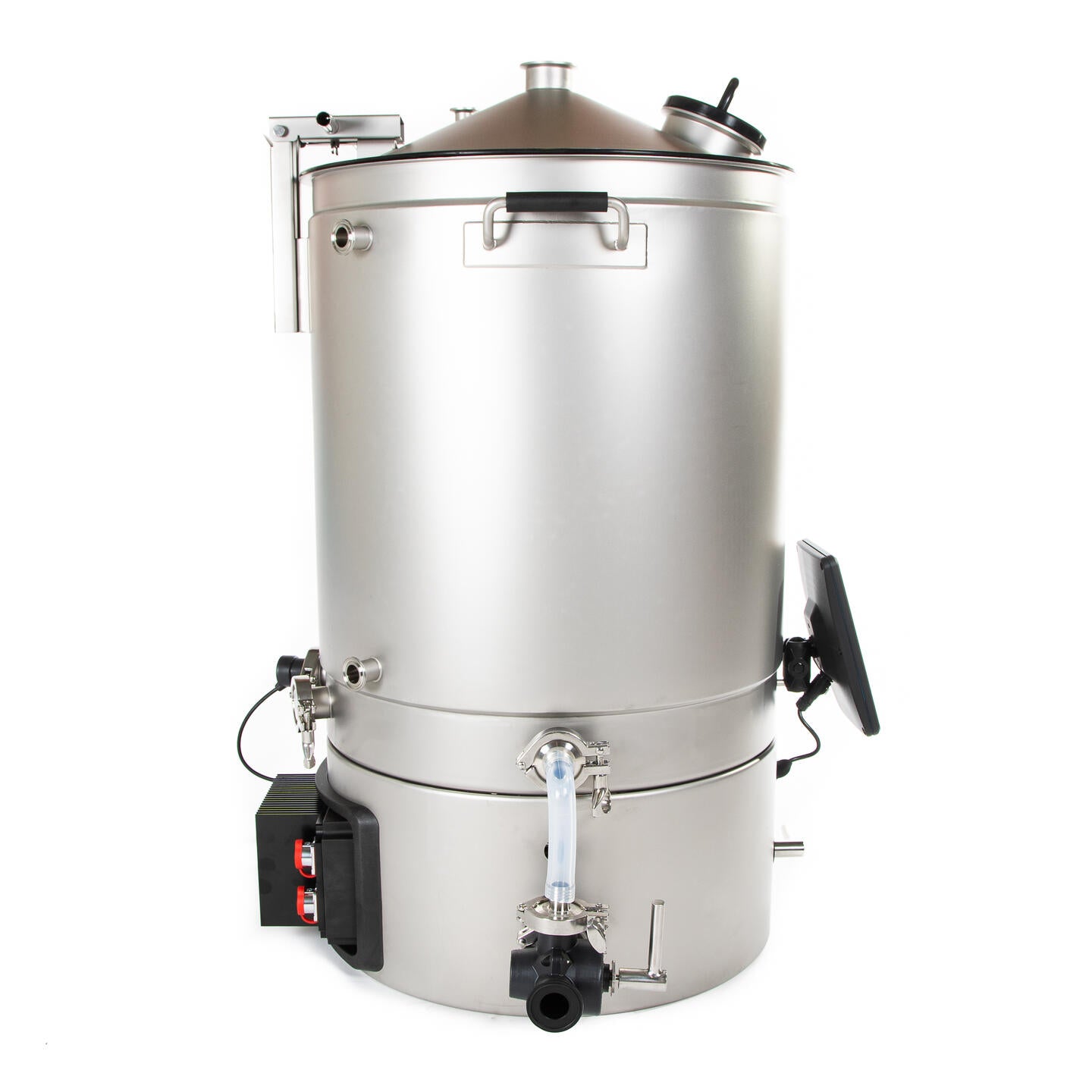 Et romslig Brewtools B100 bryggesystem 2x230 V 6 kW | Bryggemaskin i rustfritt stål, med konisk lokk, sidemontert kontrollpanel, ventiler og digitalt display. Kapasitet: 100 liter.