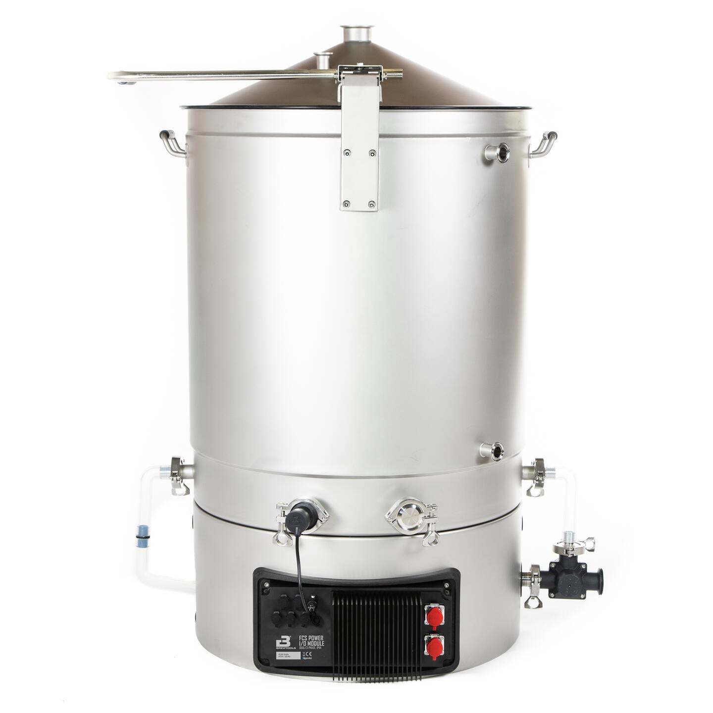 Brewtools B180 bryggesystem 2x230 V 6,6 kW | Bryggemaskin i rustfritt stål med konisk lokk, kontrollpanel, ventiler og slangefester. Fotografert mot hvit bakgrunn, ideell bryggemaskin for entusiastiske hjemmebryggere.