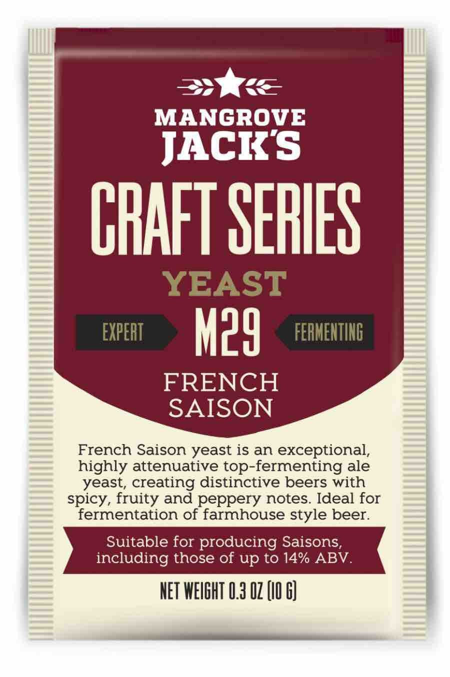 Mangrove Jacks French Saison M29 - 10g er en overgjærende ølgjær for brygging av gårdsøl, med produktdetaljer og beskrivelse på etiketten.