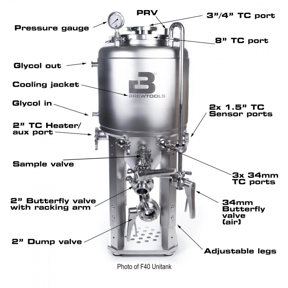 Et nærbilde av Brewtools F40 Unitank fra Brewtools, som fremhever presisjonsteknikken - en gjæringstank som er et must for dedikerte hjemmebryggingsentusiaster.
