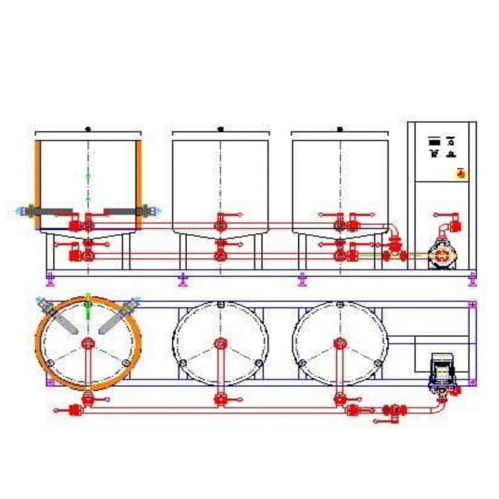 Teknisk skisse som viser tre store vertikale tanker forbundet med rør og ventiler, et kontrollpanel og en pumpe - ideelt for å visualisere EnoBeer CIP System med 1-3 tanker for effektiv rengjøring av bryggeri eller brygghus.