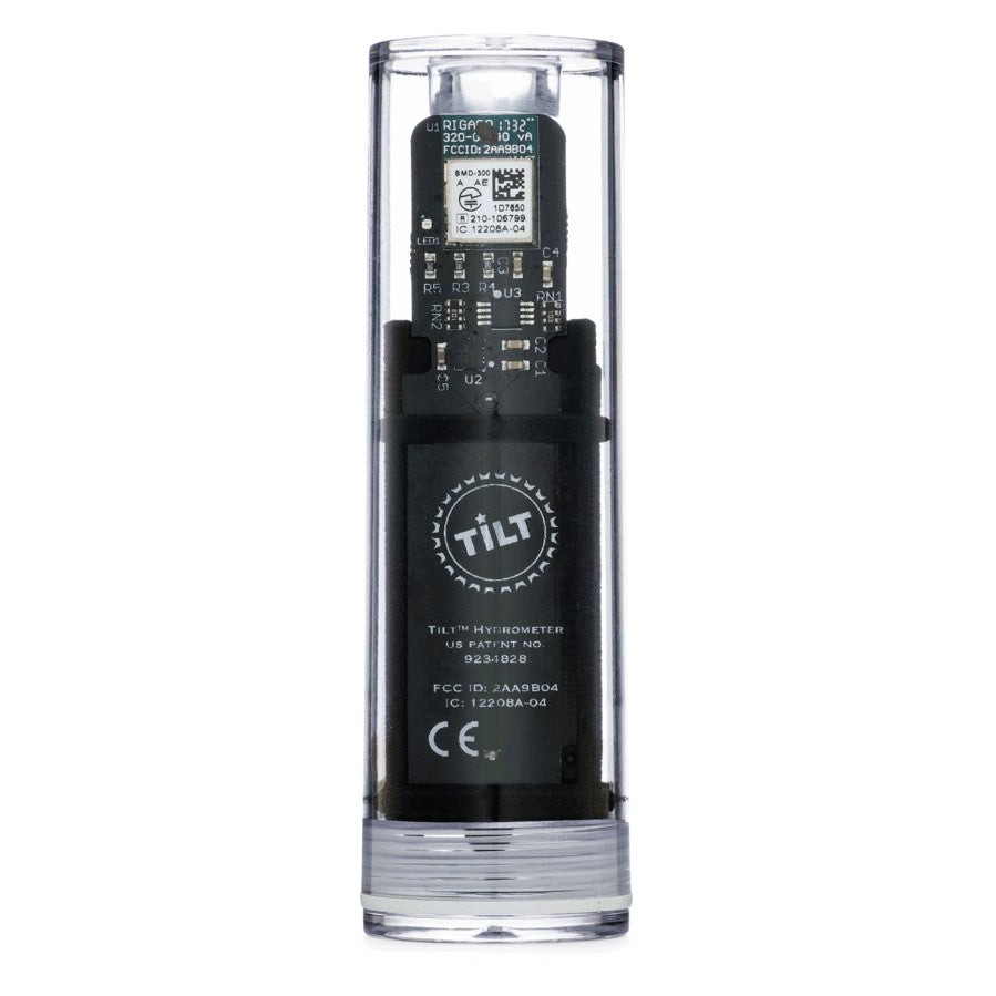 Tilt Hydrometer & Termometer fra Tilt Hydrometer er en digital bryggeenhet i et gjennomsiktig sylindrisk etui som viser elektronikk og sertifiseringer, og som fungerer som både hydrometer og termometer.