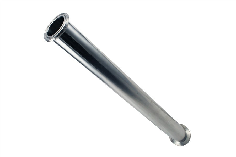 Brewshop 1,5" Tri-Clamp Extension Tube 18" (38 mm rør) er et blankt, sylindrisk rør i rustfritt stål 304 med flenser i begge ender, vist mot en hvit bakgrunn.