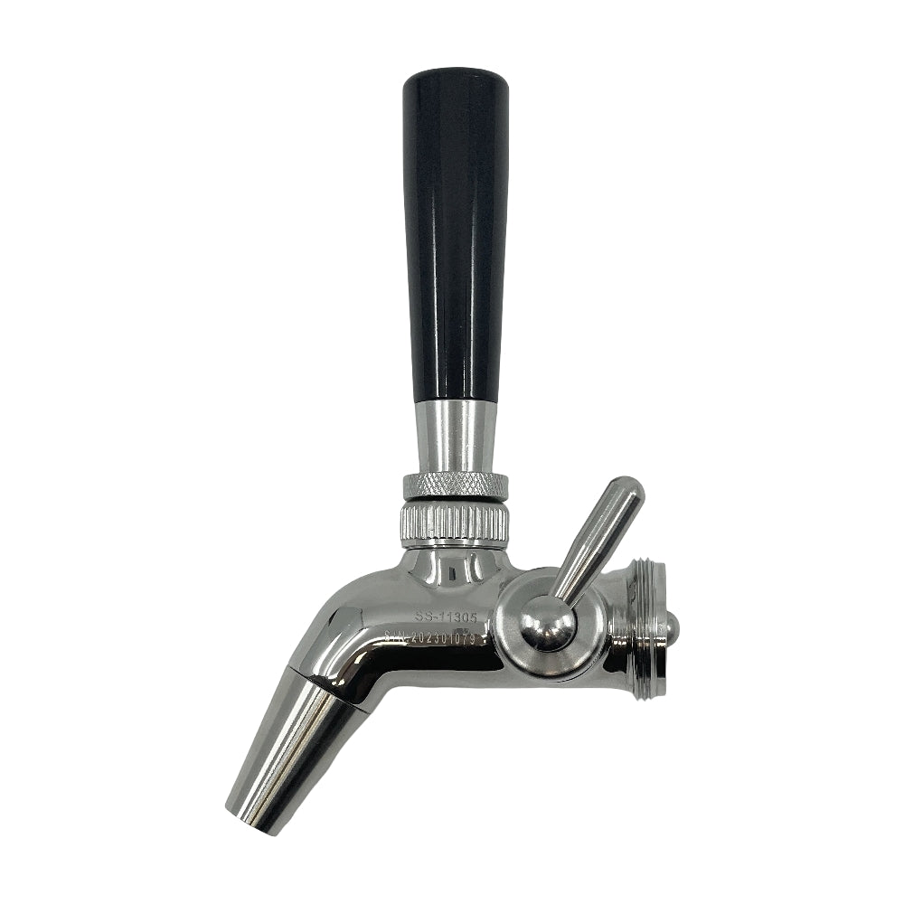 Keg King Intertap Flow Master tappekran med flowkontroll har et design i rustfritt stål, svart håndtak og sidespak - ideelt for presis skjenking i enhver hjemmebar. Vist mot en hvit bakgrunn.