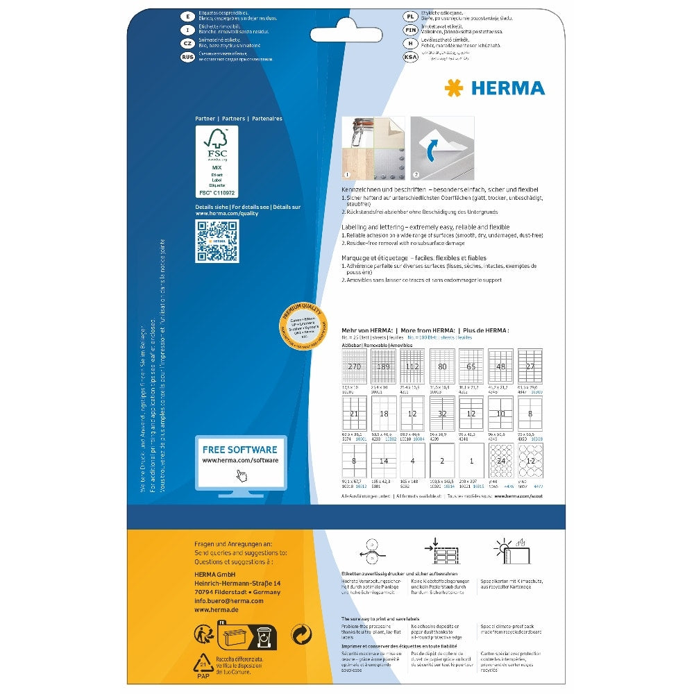 Baksiden av Herma avtagbare runde etiketter 60mm-emballasjen viser produktdetaljer, layoutdiagrammer, kompatibel programvare, sertifiseringer og flerspråklig kontaktinformasjon.