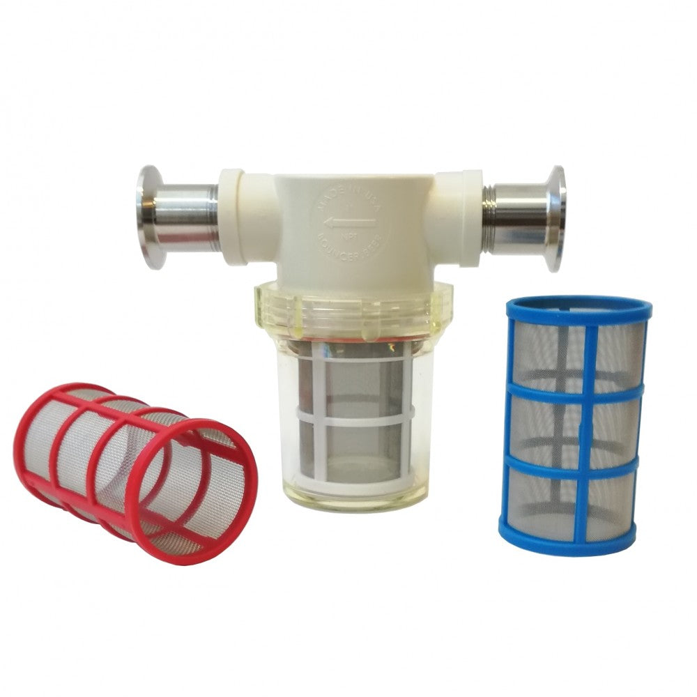 Bouncer Pro Inline Beer Filter med 1,5" TC fra Bouncer har et gjennomsiktig kammer og er vist med røde og blå sylindriske nettinginnsatser, noe som gir god oversikt ved bruk av ølfilter.