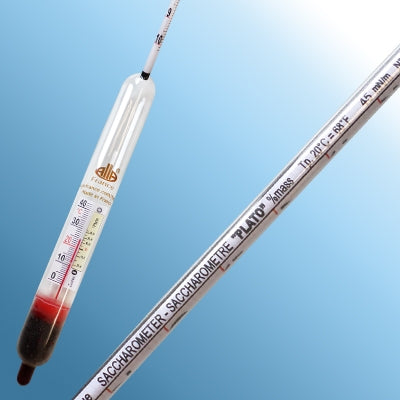 Alla France Hydrometer 10-20 Plato med termometer, for måling av sukkerinnhold i væsker, er vist mot en blå gradientbakgrunn.