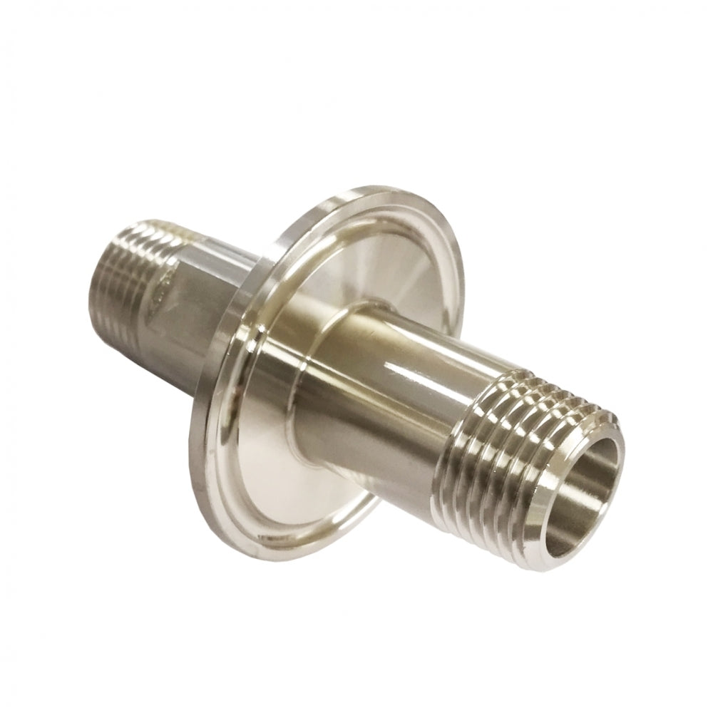 En Brewshop 1,5" Tri-Clamp med 1/2" NPT-gjenger i begge ender, laget av rustfritt stål 304, er vist med en flens i midten mot en vanlig hvit bakgrunn.