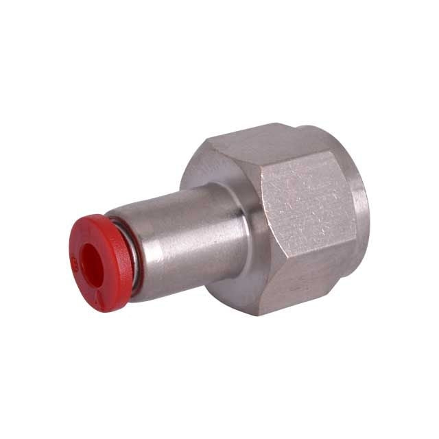 Dmfit Push fitting EPCF414 - 4 mm x G1/4 hydraulisk metallarmatur med sekskantet mutter og rød hette i den ene enden, vist mot en vanlig hvit bakgrunn.