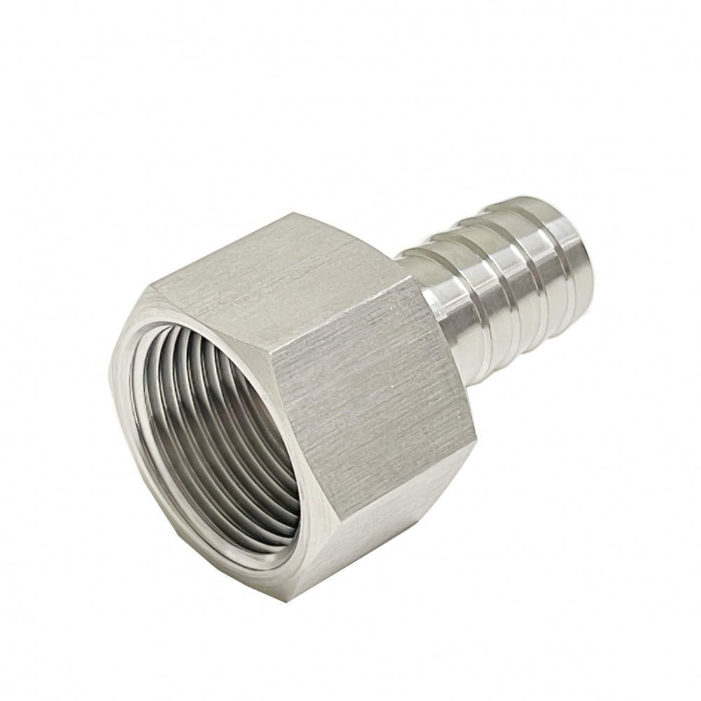 Brewshop Slangenippel hunn 1" BSP x 20 mm er en slangestuss i metall laget av rustfritt stål 304, med en sekskantet mutter med innvendige gjenger i den ene enden og en riflet 20 mm slangetilkobling i den andre.