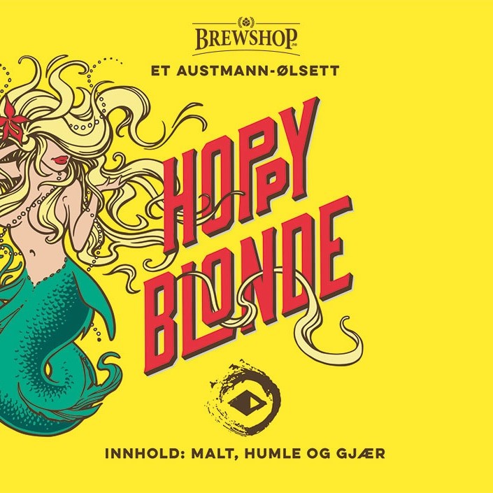 Gul etikett med havfrueillustrasjon, Austmann Hoppy Blonde - allgrain ølsett tekst, og info om malt, humle og gjær. Med Brewshop-logo; design for belgisk blonde ale.