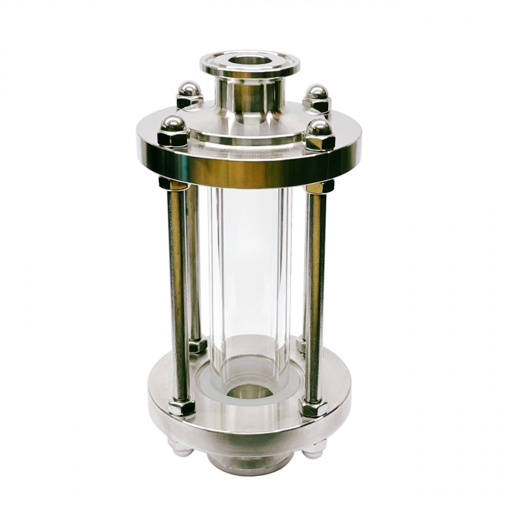 Brewshop 34mm tri-clamp siktglass - 15,5cm er laget av 304 rustfritt stål og glass, har fire bolter for sikker montering og muliggjør visuell væskekontroll i rørledninger.
