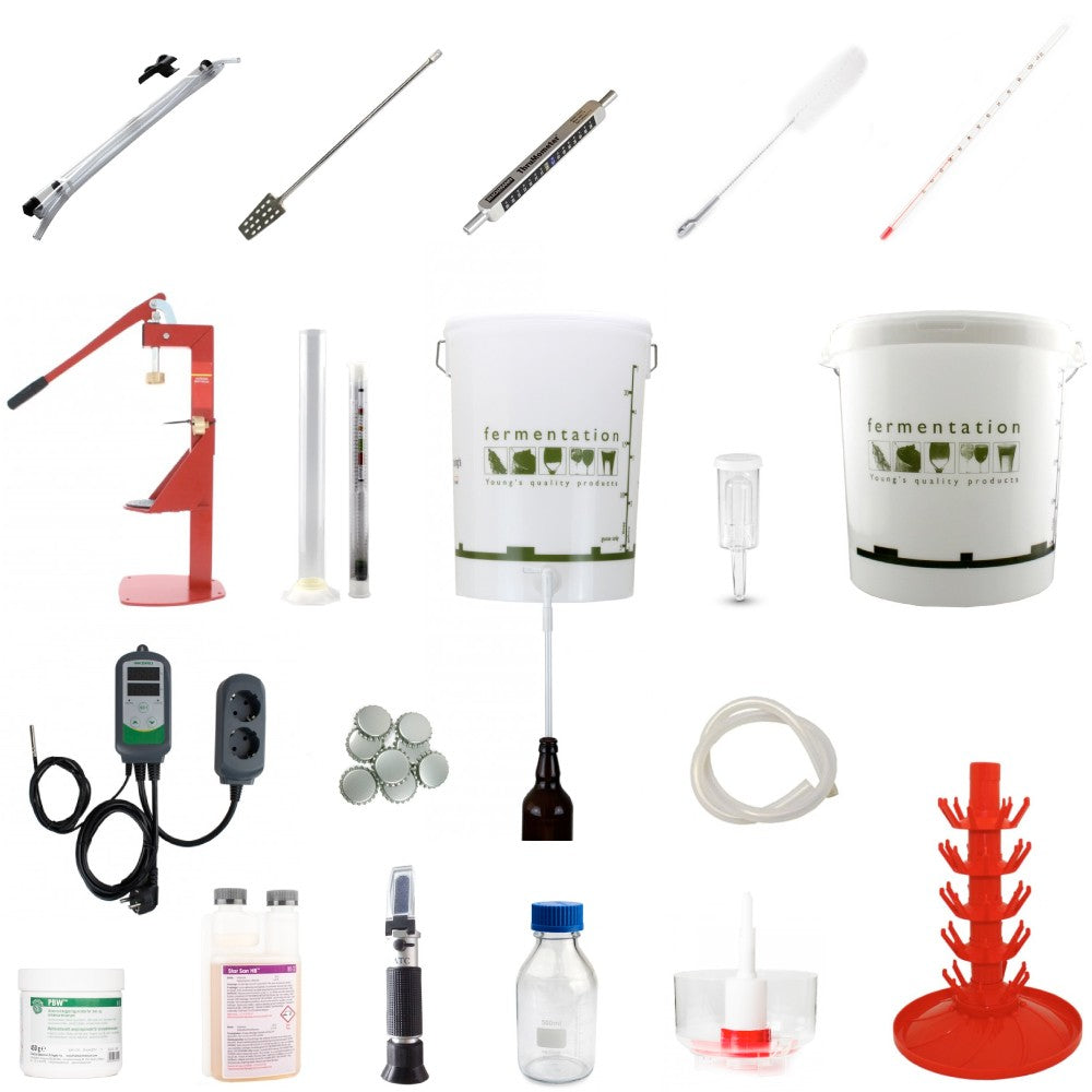 Brewshop Startsett Deluxe inneholder bøtter, en Doc Revolution korkemaskin, termometer, hydrometer, desinfiseringsmiddel, slanger, flasketre og verktøy - alt du trenger for allgrain ølbrygging eller startset ølbrygging.
