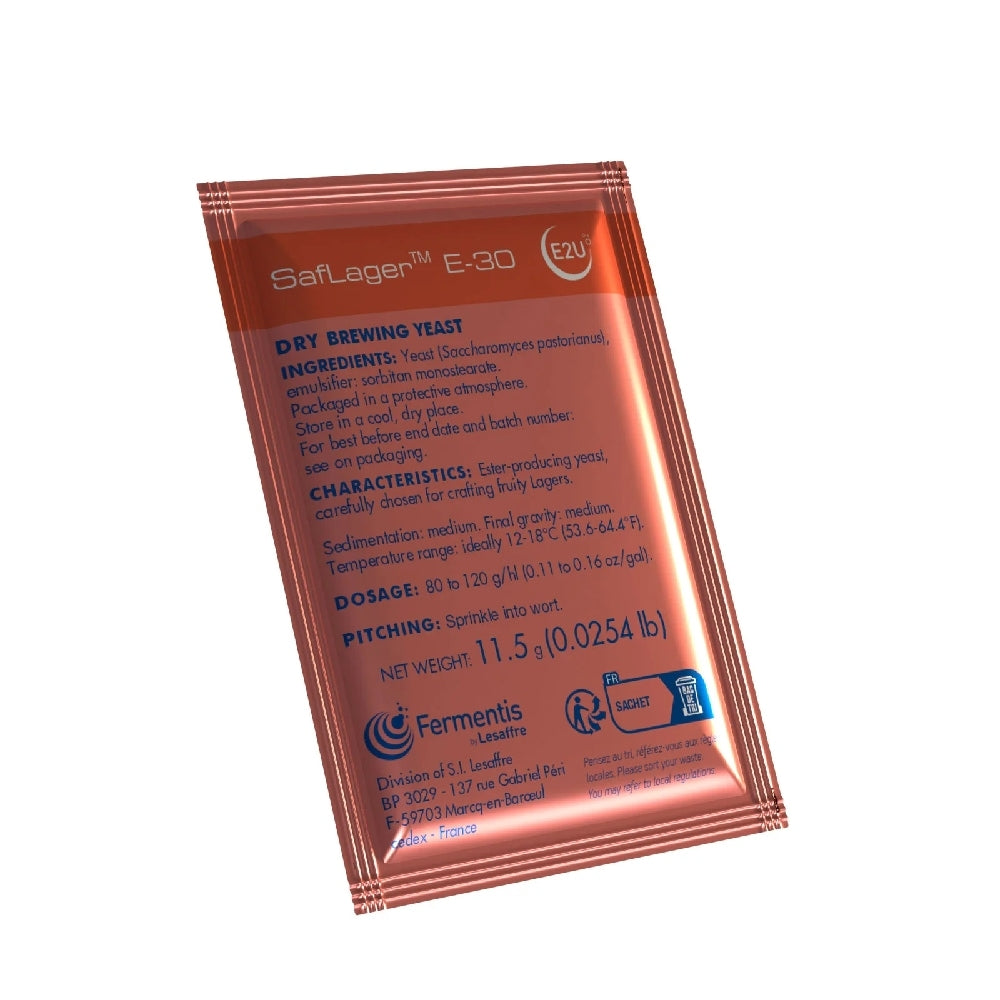En pakke SafLager E-30 - 11,5 g tørrgjær viser produktinformasjon, ingredienser og bruksanvisning på etiketten.