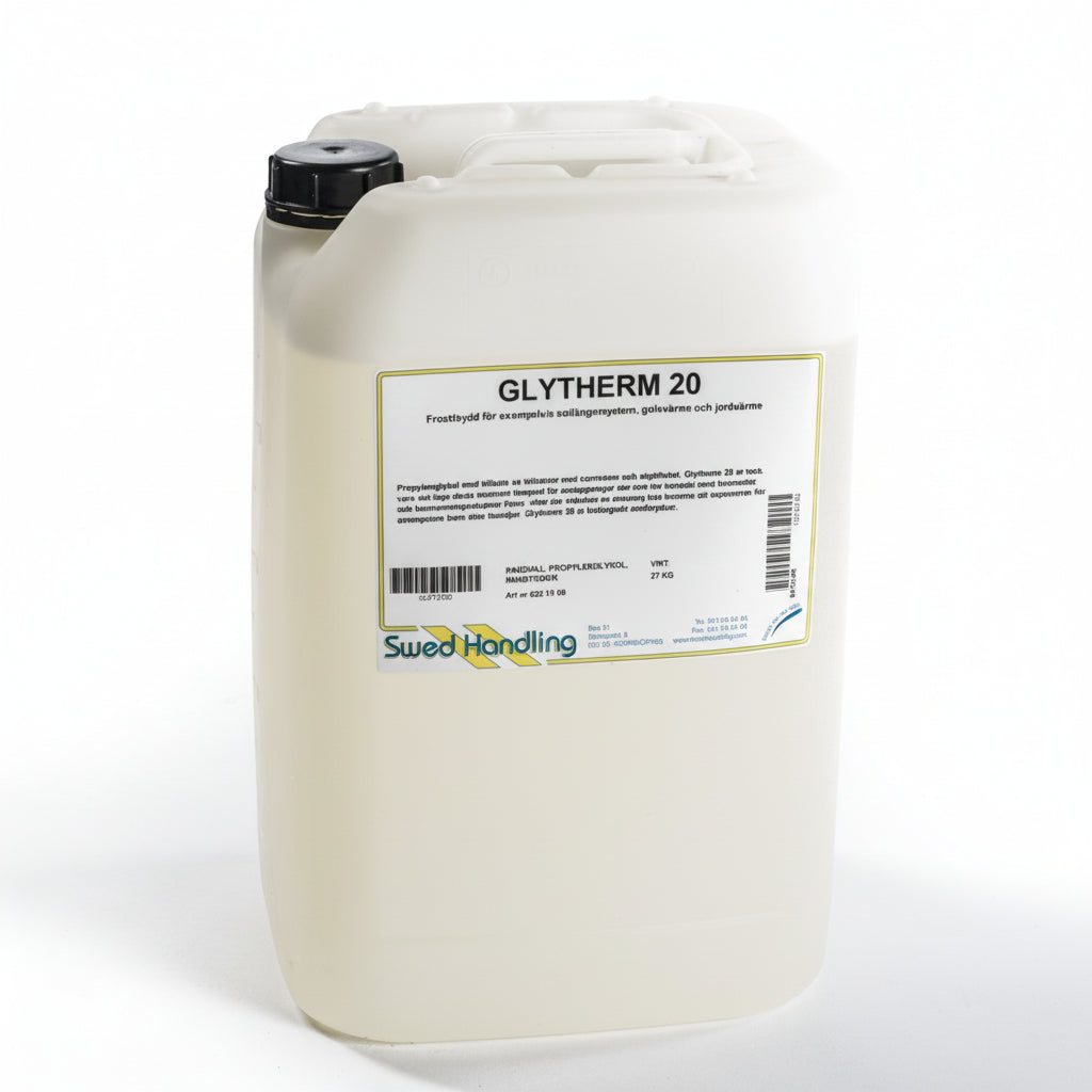 En hvit 5L plastbeholder merket "Propylenglykol 5L - Glytherm 20 Konsentrat" fra Swed Handling, med svart lokk, beregnet på glykolbasert frostvæske og varmeoverføring, plassert på en vanlig hvit bakgrunn.