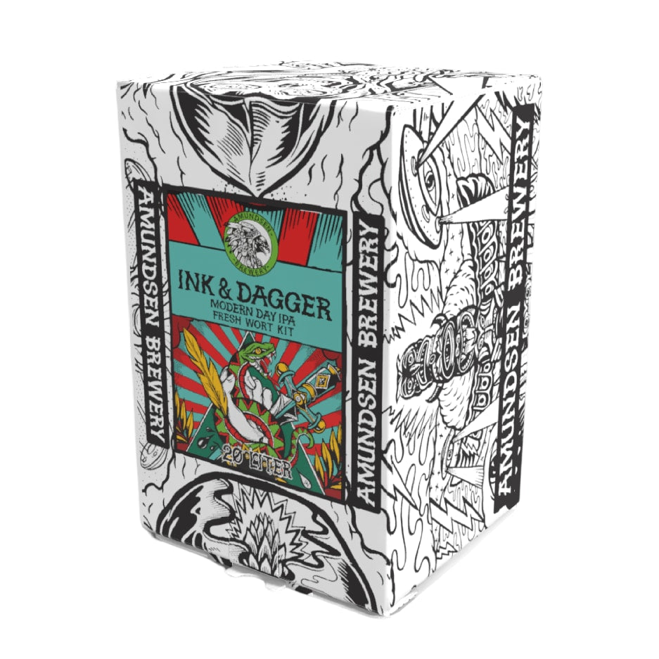 En stilig Brewshop-eske, perfekt til oppbevaring av Simply Brew - Komplett startsett med Ink & Dagger 20L Fresh Wort Kit - ideelt for hjemmebrygging av øl.