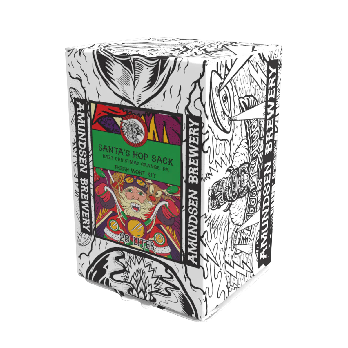 En hvit eske fra Amundsen Brewery med svarte illustrasjoner viser en fargerik etikett for «Amundsen Santa’s Hop Sack – 20L Fresh Wort Kit», med en tegneseriefigur av julenissen og en festlig, oransje juleøl – et perfekt valg til julefeiringer.
