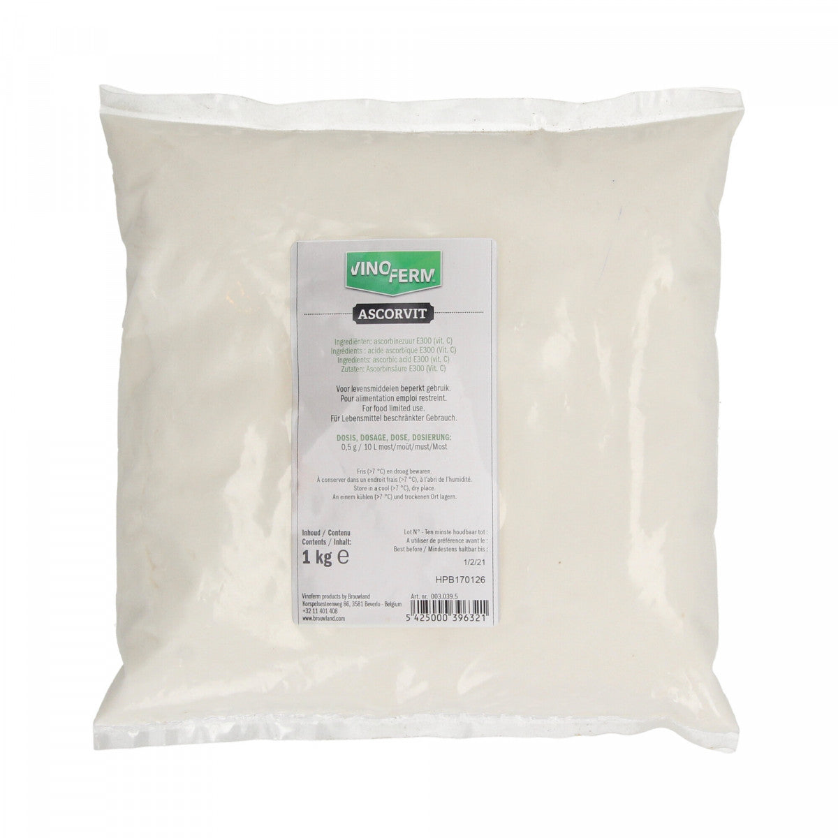 En forseglet 1 kg pose med Vinoferm Askorbinsyre - VINOFERM ascorvit, merket på forsiden - ideell som antioksidant i formuleringene dine.