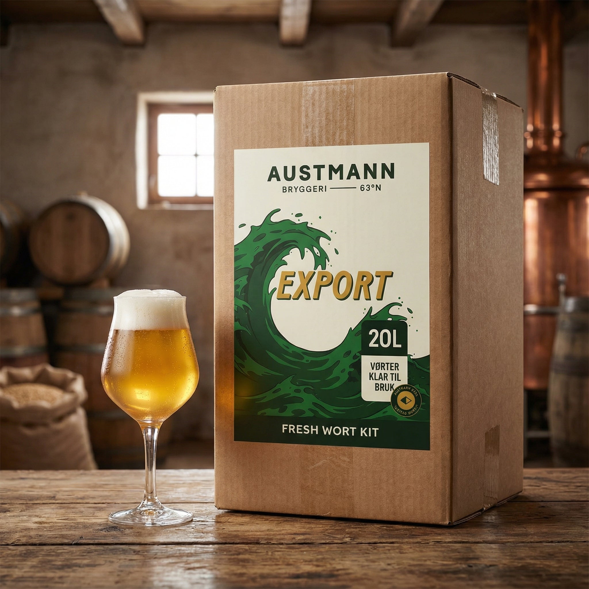 Austmann Export - 20L Fresh Wort Kit fra Austmann hviler ved siden av et glass Export Pils i et rustikt bryggeri, ideelt for hjemmebrygging, med trefat som et klassisk bakteppe.