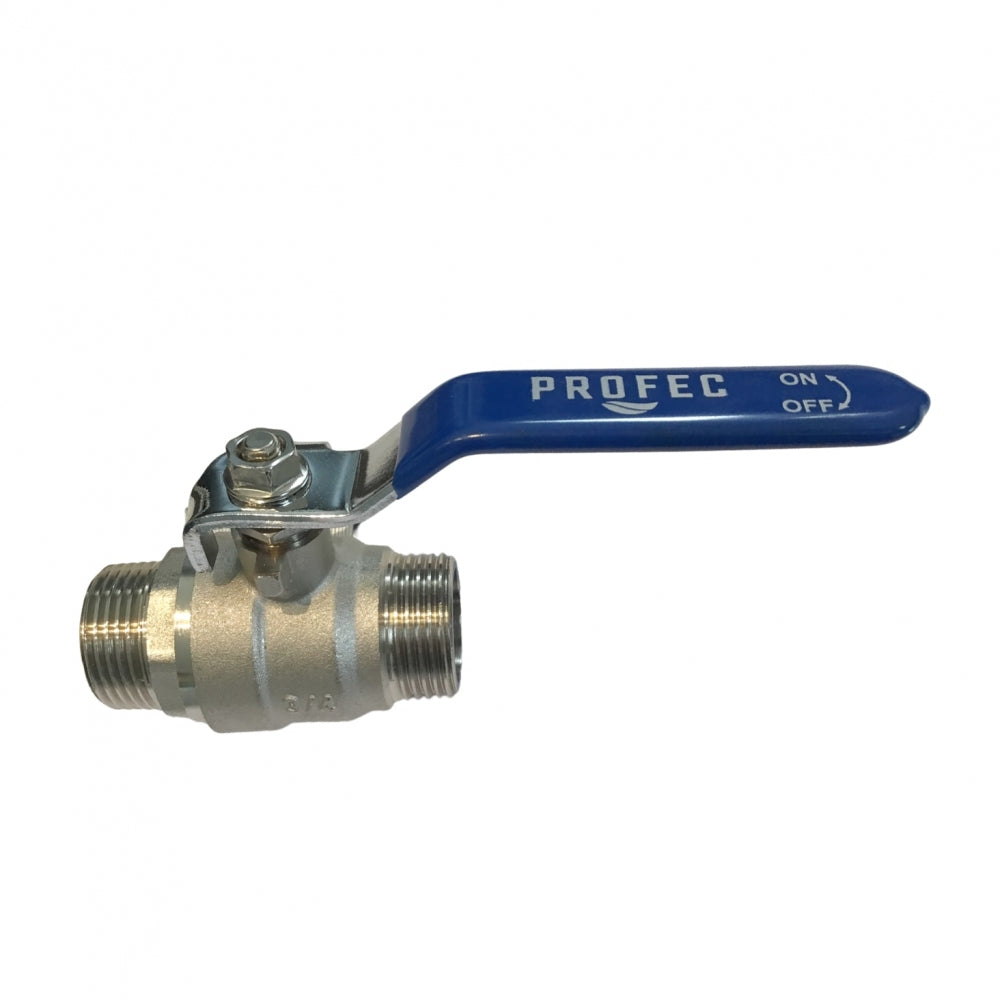 Speidel Kuleventil til Speidel Hydropress G 3/4" hann-hann med blått PROFEC ON/OFF-håndtak og gjengede hannkoblinger i begge ender.