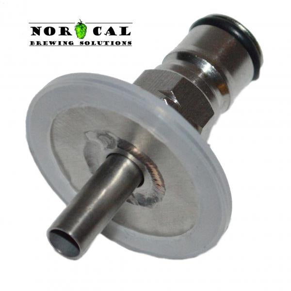 Norcal Speidel Ball Lock Gas Attachment, laget av rustfritt stål 304 med silikonforsegling, er vist på skrå. Norcal-logoen er øverst til venstre. Perfekt for kulelåsventilsystemer og CO2-dip tube-oppsett.