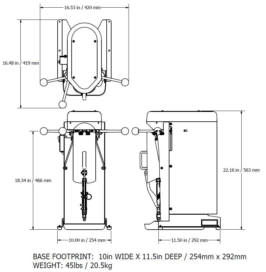 Teknisk diagram over Oktober Design Model 7 Can Seamer (Boksmaskin), som viser forfra, fra siden og ovenfra med merkede mål i tommer og mm, samt informasjon om fotavtrykk og vekt fra Oktober Design nederst.