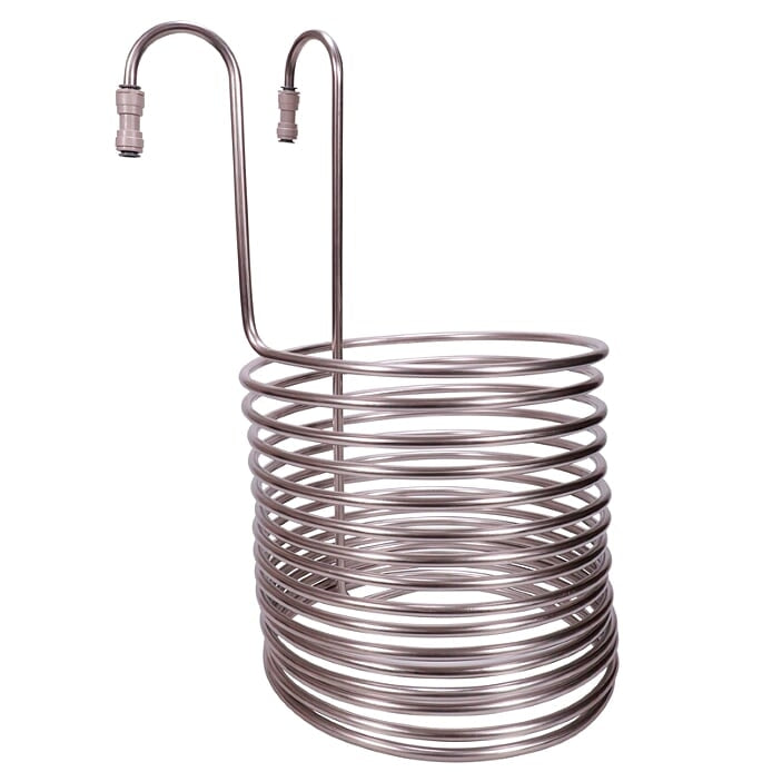 Spiralkjøler 16m med JG 3/8" hurtigkobling fra Brewolution i rustfritt stål-ideell for effektiv nedkjøling av væsker ved brygging eller industrielle prosesser.