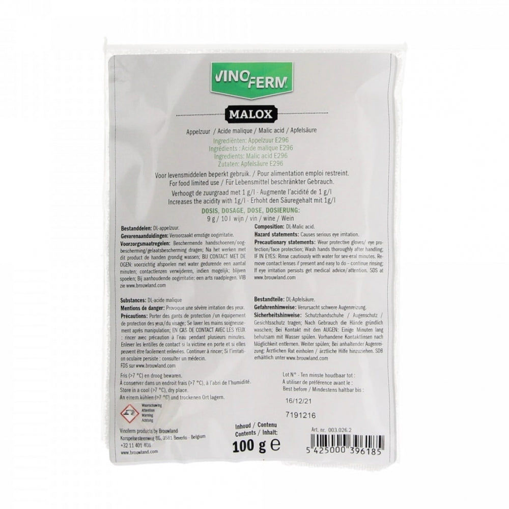 Vinoferm Malox - Malic Acid 100g (Eplesyre) fra Vinoferm er ideell for justering av vinens surhetsgrad, med produktinformasjon og instruksjoner på flere språk på baksiden.