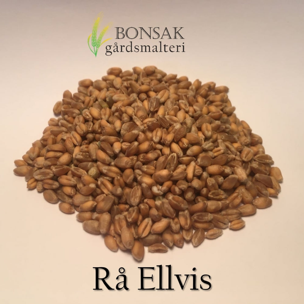 En haug med rå hvetekorn vises på en lys flate med "Bonsak Gårdsmalteri" over og "RÅ Ellvis - Umaltet hvete (4-5 EBC) 100G" under, noe som fremhever tradisjon og håndverk med umaltet hvete.