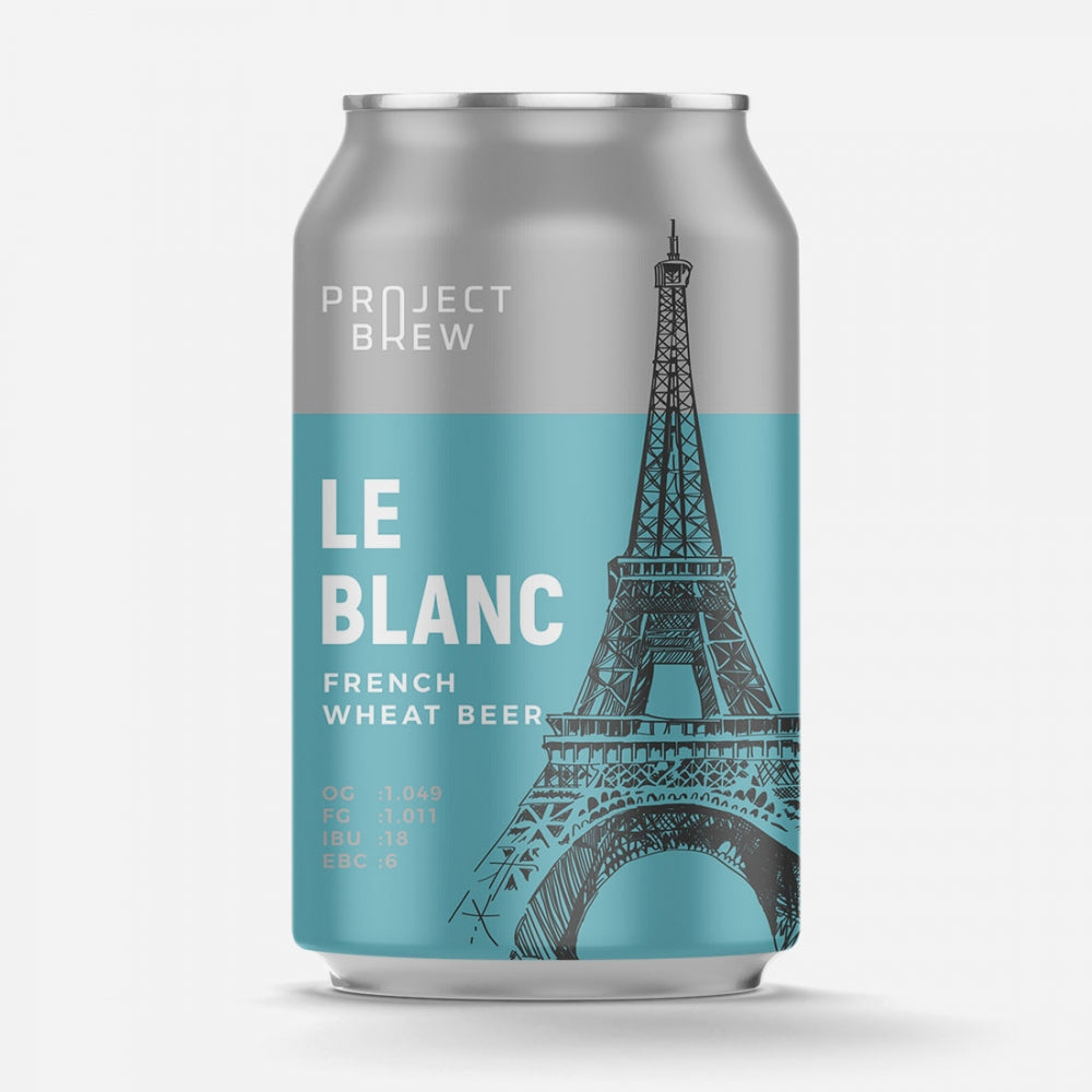 En sølvfarget og blå boks med Project Brews Le Blanc - French Wheat Beer (allgrain ølsett) har en Eiffeltårnsillustrasjon, og blander hveteøltradisjoner - ideelt for fans av klassisk hveteøl i fransk stil.