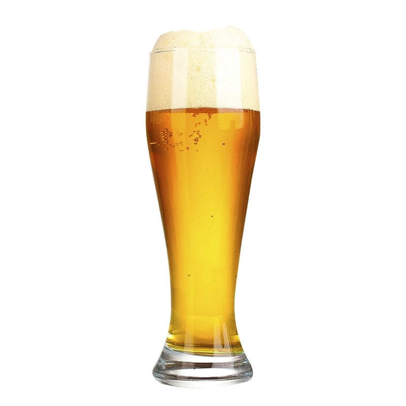 Et høyt, klart glass med gyllen Enigma Weissbier fra Brewolutions ølsett av fullkorn står mot en hvit bakgrunn og viser frem det skummende skumhodet og det dyktige håndverket.