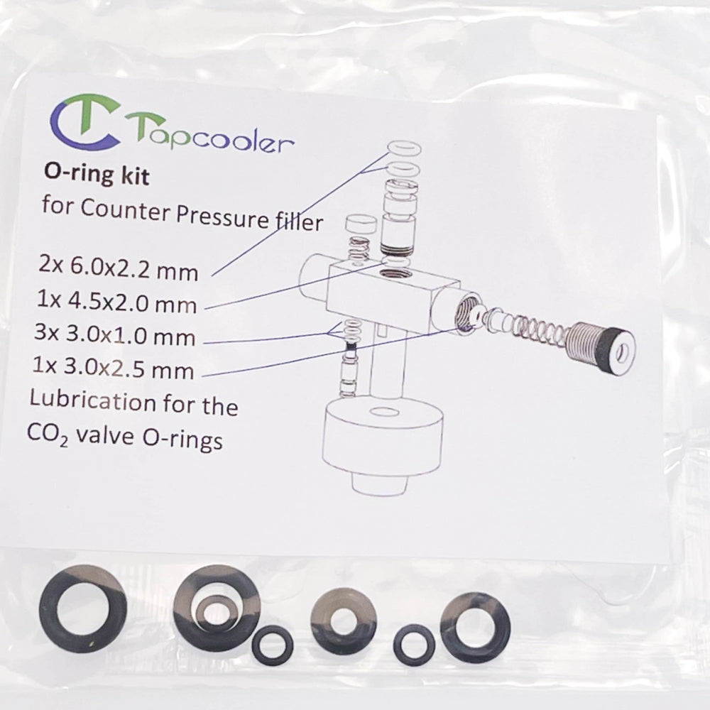 Tapcooler O-ringsett for Tapcooler Mottrykksfyller inneholder diverse O-ringer og smøremiddel for CO₂-ventilens O-ringer. Med merket diagram og pakkede ringer. Kompatibel med Tapcooler-systemer.
