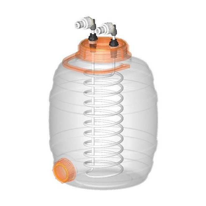 Speidel kjølespiral til gjæringskar fra Speidel er et gjæringskar i gjennomsiktig plast med en kjølespiral i rustfritt stål på innsiden og to beslag på lokket.