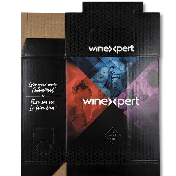 Flat, svart 4L Bag in Box fra Handcraft Supplies, inkluderer 5 poser og esker - perfekt for stilig vinoppbevaring; med merkevarebygging og bilder av folk som nyter vin.