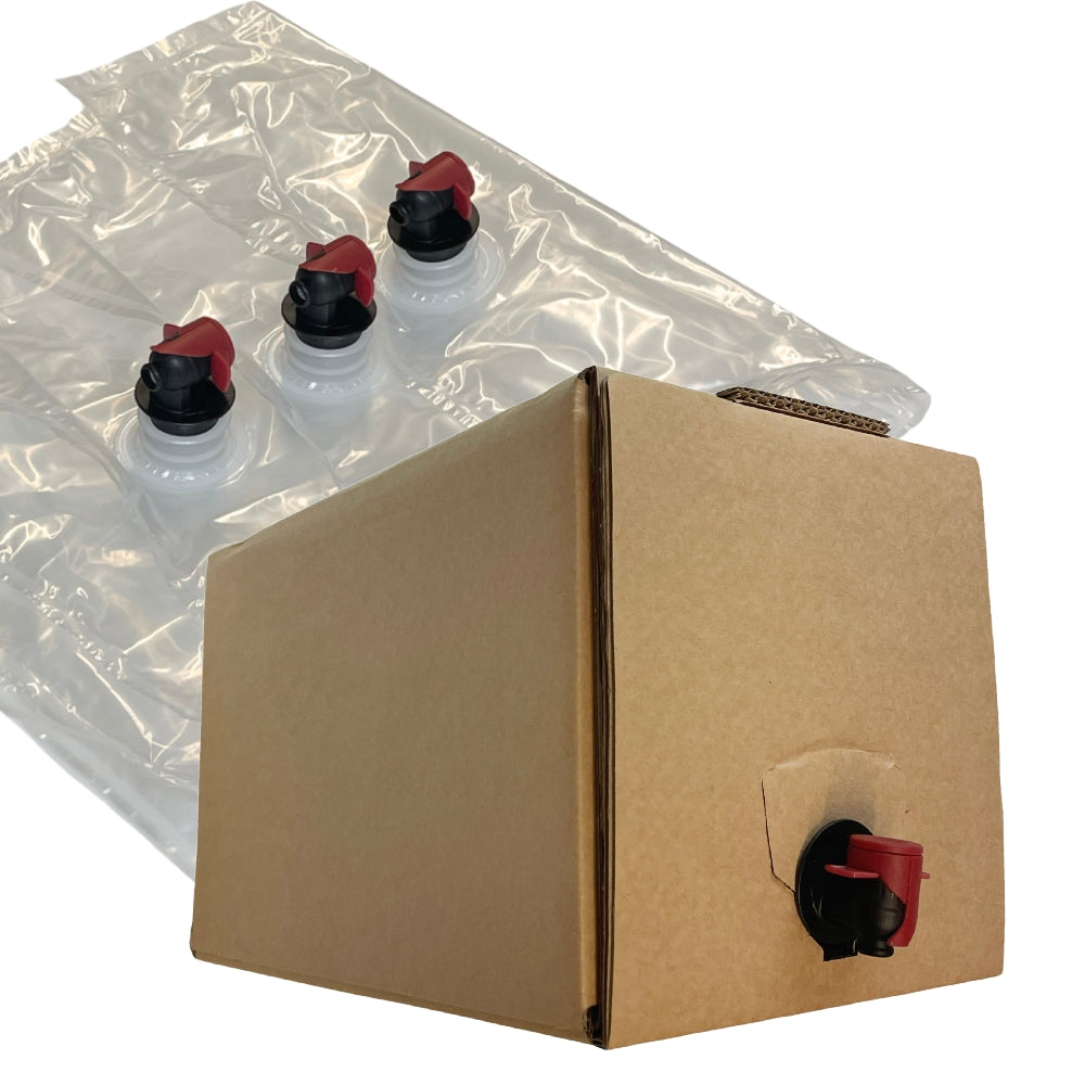 Brewshop 10L Bag in Box inneholder 3 brune liner med svarte og røde kraner samt 1 boks - perfekt til oppbevaring av vin.